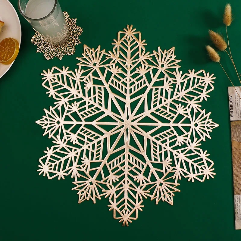 Christmas Snowflake Place Mats Gold Metallic Festive Vinyl Table Mat Washable for Holiday Dinner Table Doilies Decor