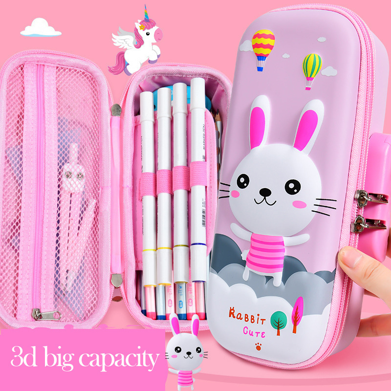 Yahou Cute cartoon pencil bags 3d EVA kawaii back to school supplies waterproof kids pencil case with password lock