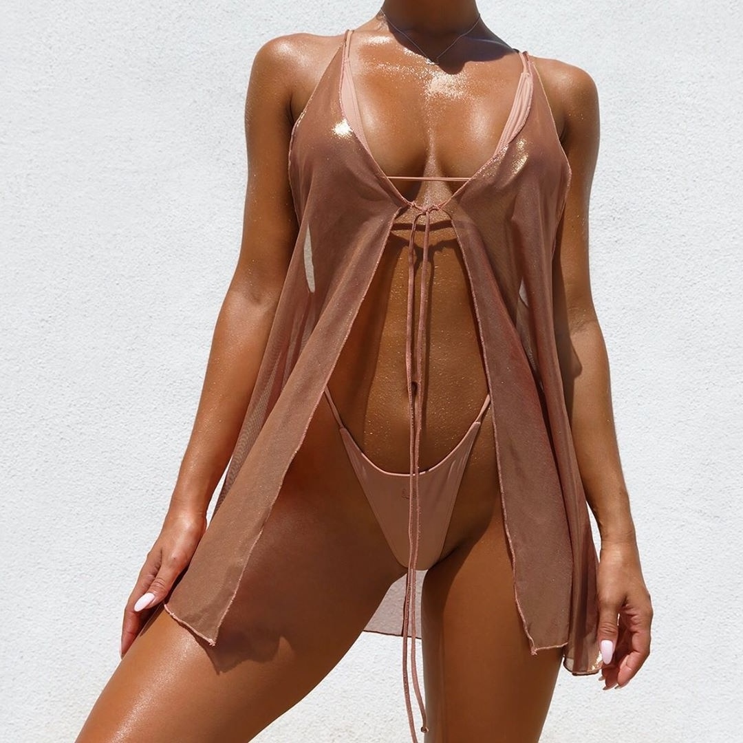 Women Swimwear Nude 3 Piece Swimsuit Micro Bikini With Swimsuit Cover Up