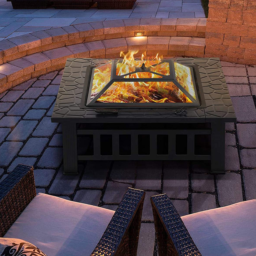 Multifunctional Fire Pit Table 32in Square Metal Firepit Stove Backyard Patio Garden Fireplace