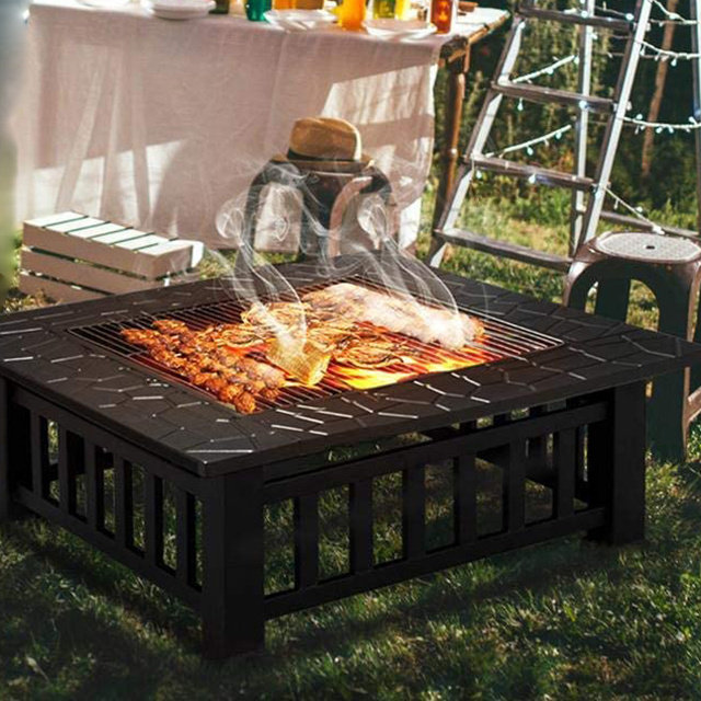 Multifunctional Fire Pit Table 32in Square Metal Firepit Stove Backyard Patio Garden Fireplace