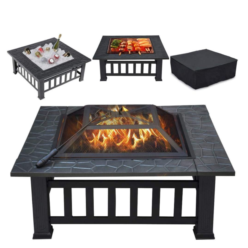 Multifunctional Fire Pit Table 32in Square Metal Firepit Stove Backyard Patio Garden Fireplace