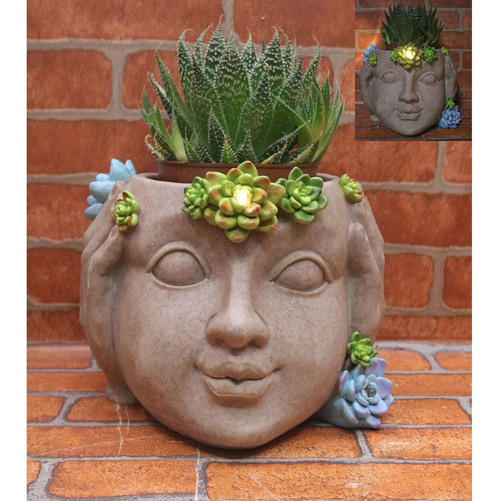 Hot Selling Home Decoration Face Pot Planter Head Solar Led Light Cute Succulent Planter