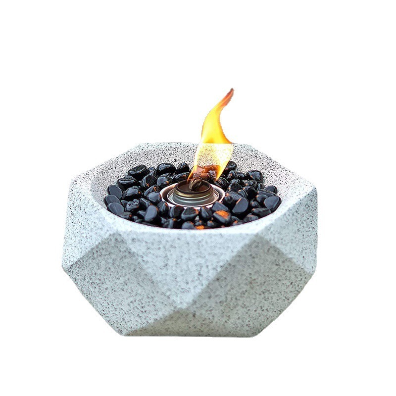 Light Grey Geometric Table Top Fire Bowl Ventless Outdoor Cement Portable Bio Ethanol Fire Pit Modern Round Table Fireplace