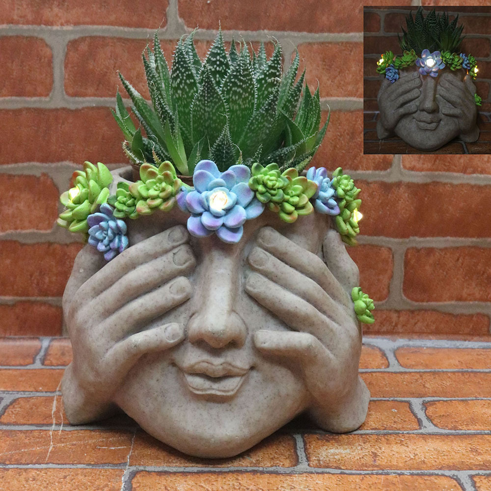 Hot Selling Home Decoration Face Pot Planter Head Solar Led Light Cute Succulent Planter