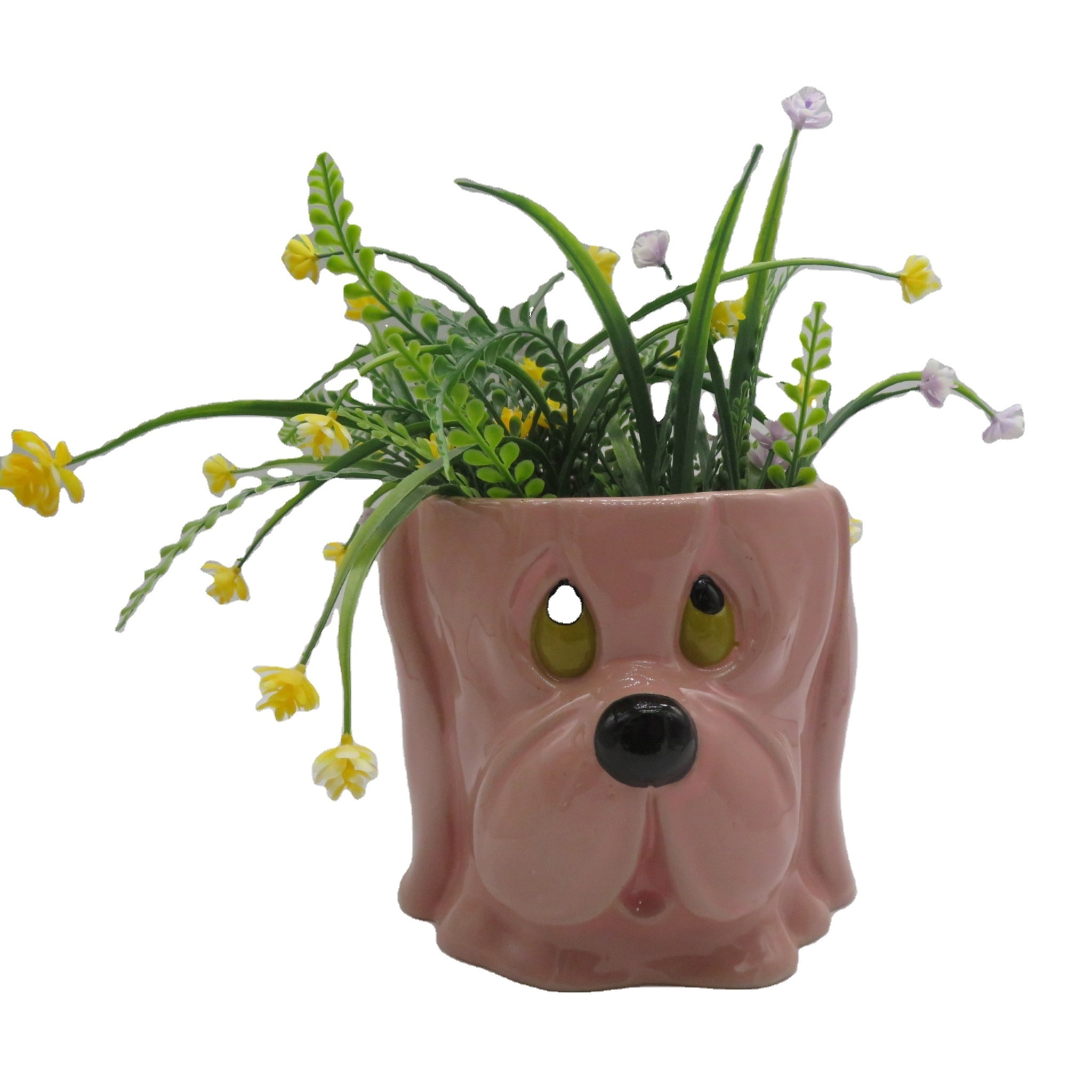 Customized Animal Small dog head Succulent Pot Indoor Bonsai Mini Cactus Planter with Faux Plants Simulation Plants