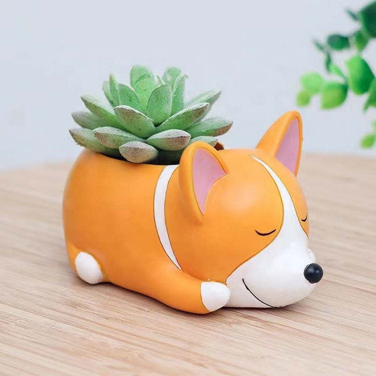 Resin Cute Animal Shaped Cartoon Home Decoration Succulent Vase Flower Pots (Corgi Dog)