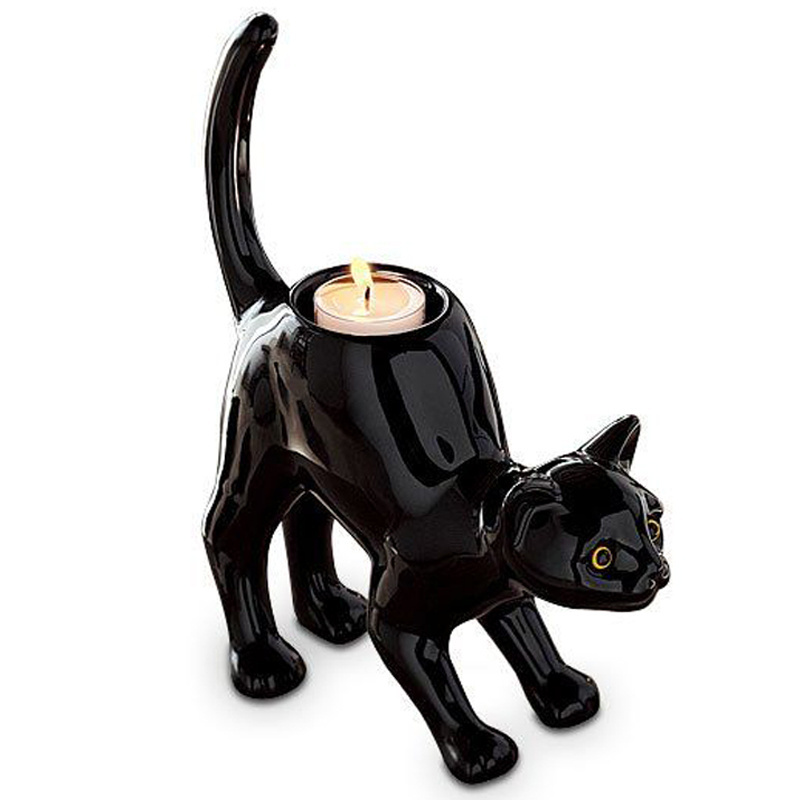 Custom ceramic cute Halloween cat shape candle vessels, home party lite decoration candle jars, black cat tealight candle holder