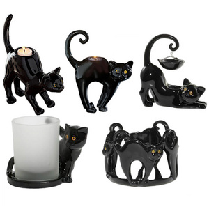 Custom ceramic cute Halloween cat shape candle vessels, home party lite decoration candle jars, black cat tealight candle holder