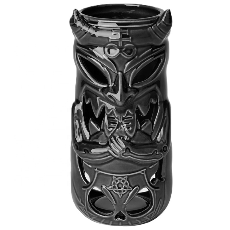 Custom home fragrance gift ceramic tealight candle lamp holder wax melt warmer porcelain black tiki demon essential oil burner