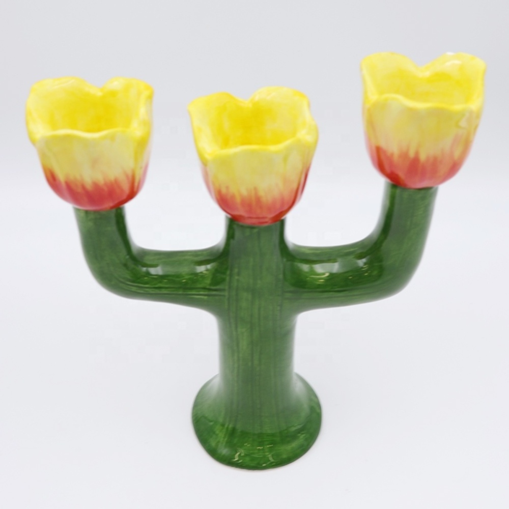 Custom modern decor floral taper candle stick stand candelabra pink blue green yellow ceramic flower tulip candlestick holder