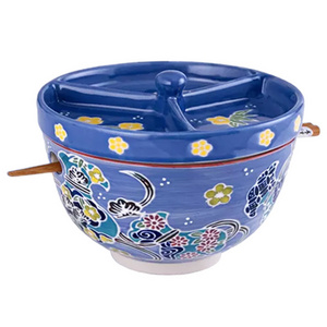 Ceramic 6 inch diameter blue ramen soba bowl with tempura divider condiment lid, custom udon noodle bowl with chopsticks