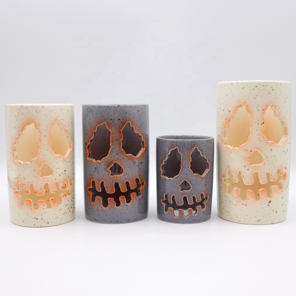 Custom Halloween decor tea light holder ceramic hollowed-out Jack o lantern lol face tea light candle lantern with inner base