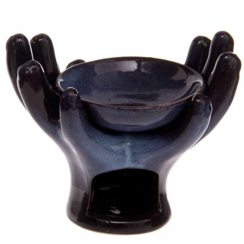 Custom shaped ceramic essential wax warmer burner contemporary black open hands tealight oil burner