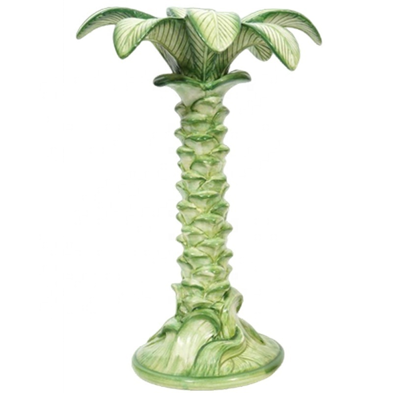 Custom table centerpiece ceramic green detailed 3D plant candle stand porcelain exquisite lifelike palm tree candlestick holder