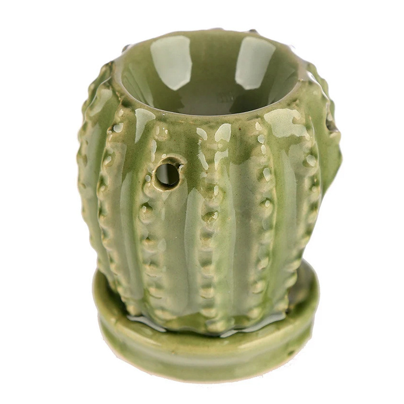 Custom eco friendly gift ceramic tealight candle scented wax warmer green cactus oil burner aroma diffuser natural wax melter