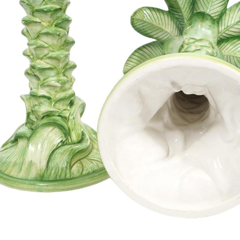 Custom table centerpiece ceramic green detailed 3D plant candle stand porcelain exquisite lifelike palm tree candlestick holder