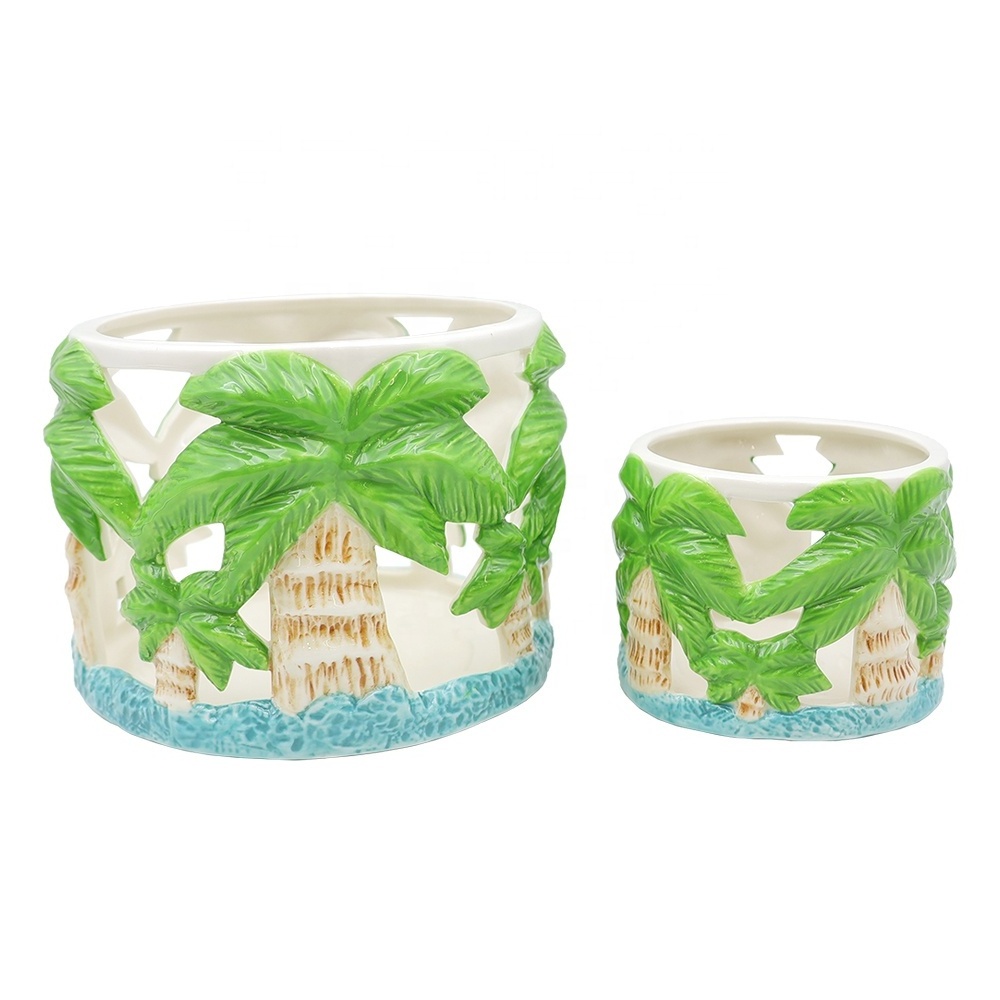 Custom high quality handmade ceramic candlestick stand palm tree large diameter ceramic pillar candle holder