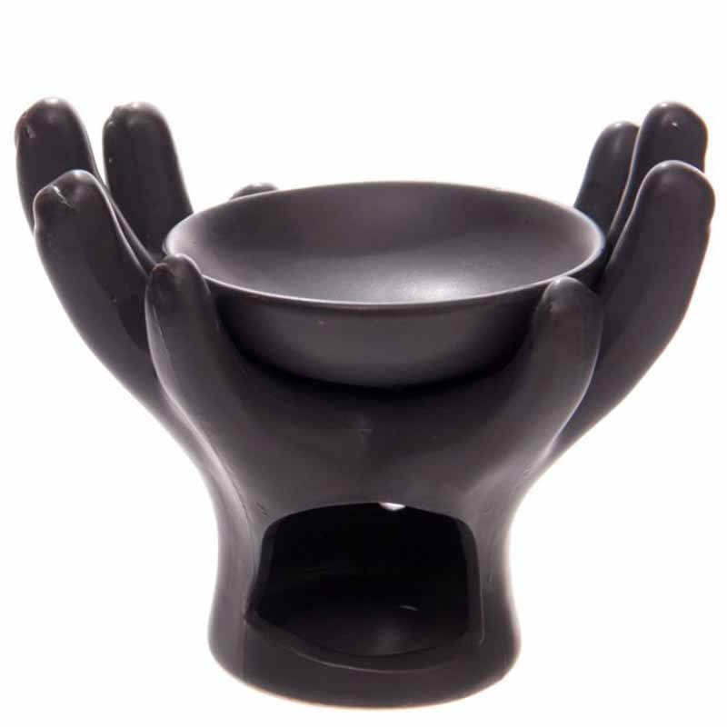 Custom shaped ceramic essential wax warmer burner contemporary black open hands tealight oil burner