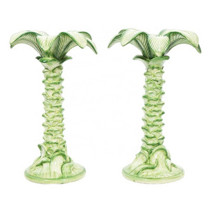 Custom table centerpiece ceramic green detailed 3D plant candle stand porcelain exquisite lifelike palm tree candlestick holder