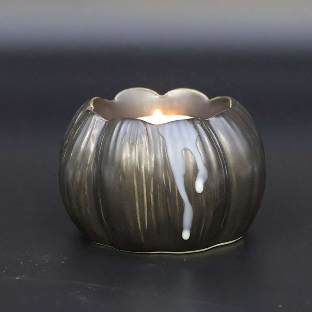 Custom handmade holiday Halloween Thanksgiving home decor small candle holder ceramic mini matte black pumpkin tealight holder