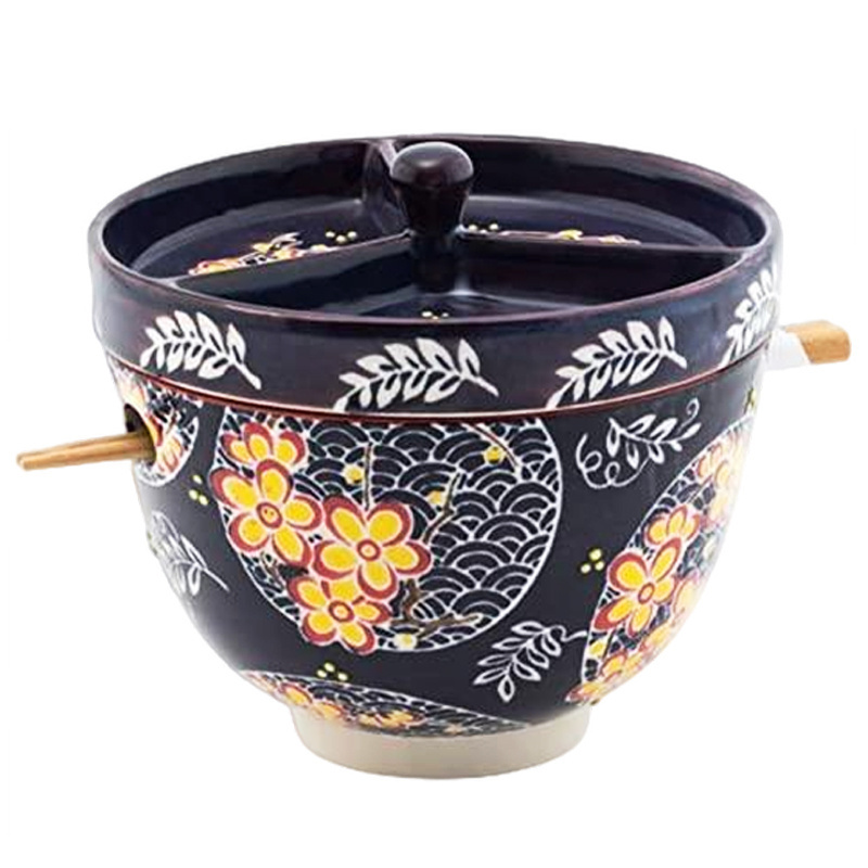 Ceramic 6 inch diameter blue ramen soba bowl with tempura divider condiment lid, custom udon noodle bowl with chopsticks