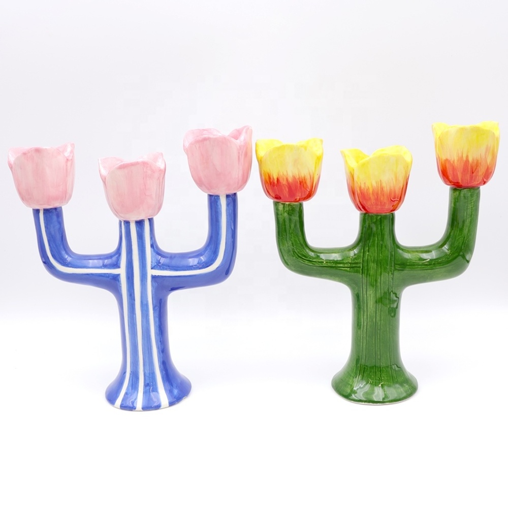 Custom modern decor floral taper candle stick stand candelabra pink blue green yellow ceramic flower tulip candlestick holder