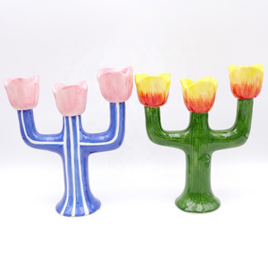 Custom modern decor floral taper candle stick stand candelabra pink blue green yellow ceramic flower tulip candlestick holder