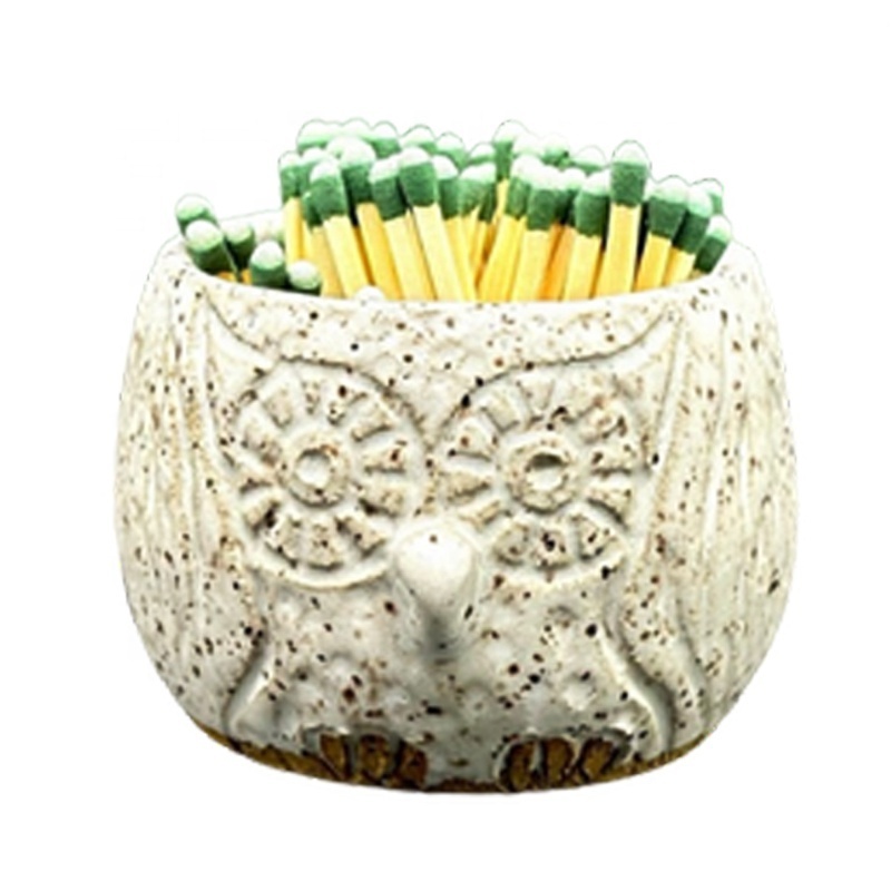 Custom ceramic carved relief match stick jar holder cute animal embossed pattern owl match striker