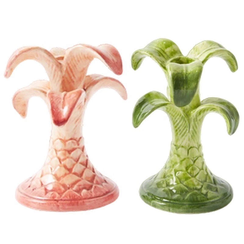 Custom boho chic exquisite ceramic detailed plant candle stand porcelain palm tree candlestick holder