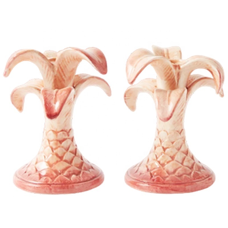 Custom boho chic exquisite ceramic detailed plant candle stand porcelain palm tree candlestick holder