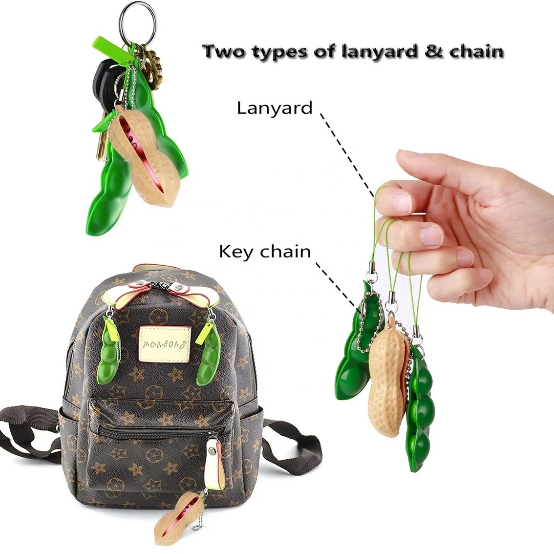 New Toys Games Kids Squeeze Peanut Bean Fidget Sensory Keychain Bean Pea Pods Toy Key chain Phone Bag Stress Relief Fidget Toy