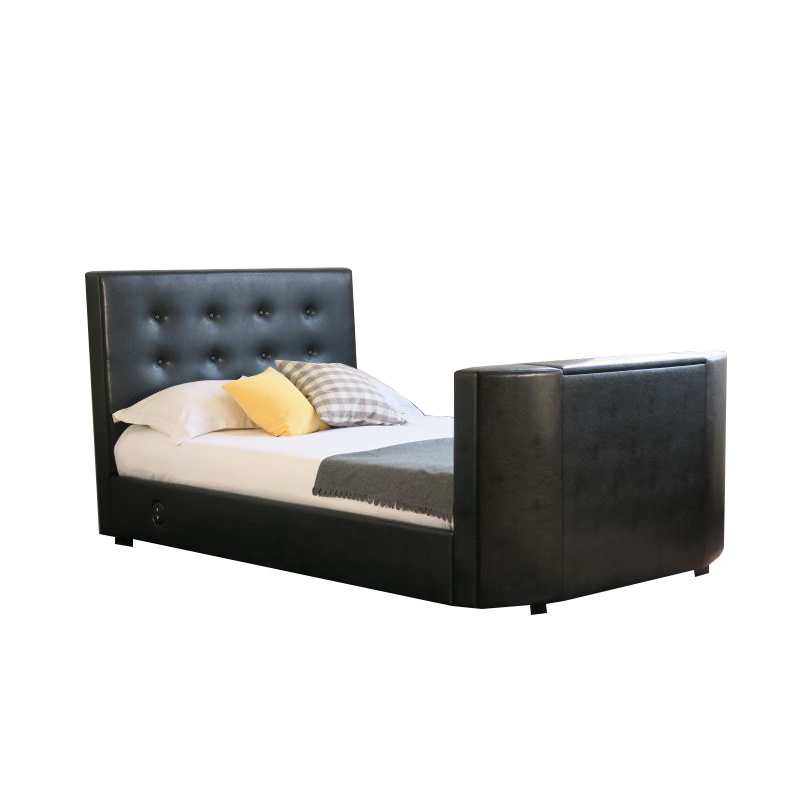 leather Upholstered Curved soft head bed with TV lift black bedroom furniture leather bed in bedroom