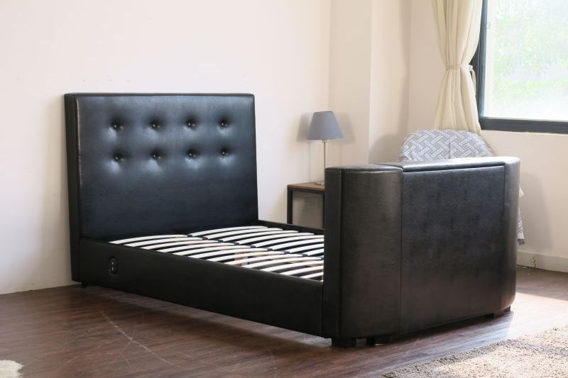 2022 Hot selling leather Bedroom furniture comfortable soft headboard TV lift black  Upholstered bedroom furniture leather bed