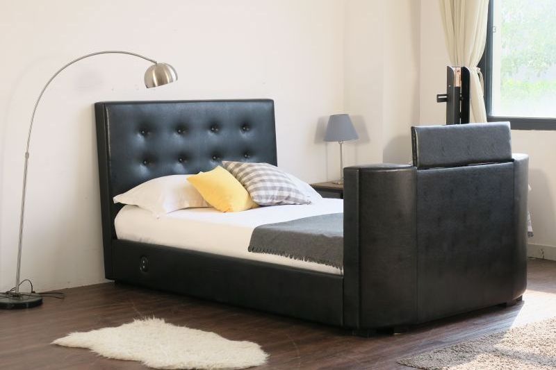 2022 Hot selling leather Bedroom furniture comfortable soft headboard TV lift black  Upholstered bedroom furniture leather bed