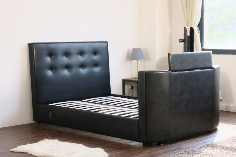 2022 Hot selling leather Bedroom furniture comfortable soft headboard TV lift black  Upholstered bedroom furniture leather bed