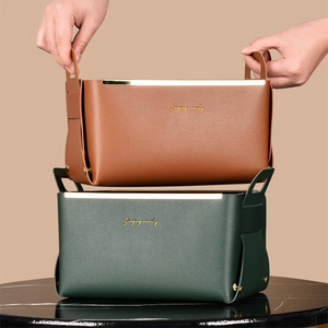 Custom Foldable Luxury Pu Leather Storage Basket Box Leather Valet Trays Desktop Storage Box Trays With Leather Handle