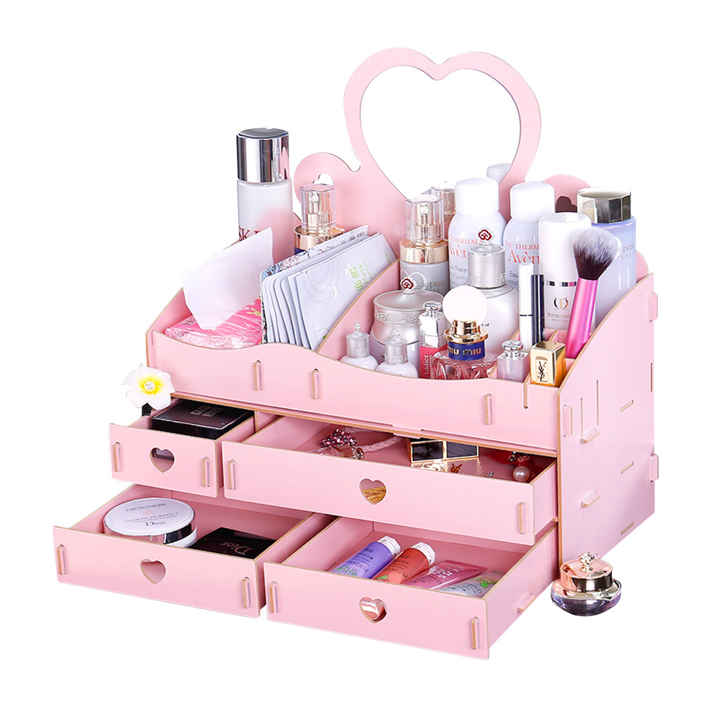 Wooden DIY Cosmetic Makeup Storage Organizer w/ Mini Swan Love Makeup Mirror Organizer Case, 4 Big Drawers