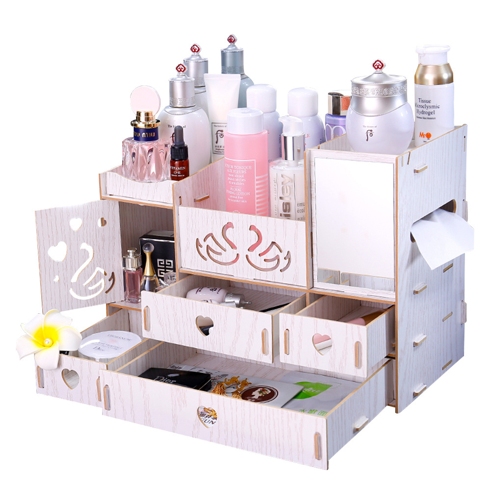 Wooden DIY Cosmetic Makeup Storage Organizer w/ Mini Swan Love Makeup Mirror Organizer Case, 4 Big Drawers