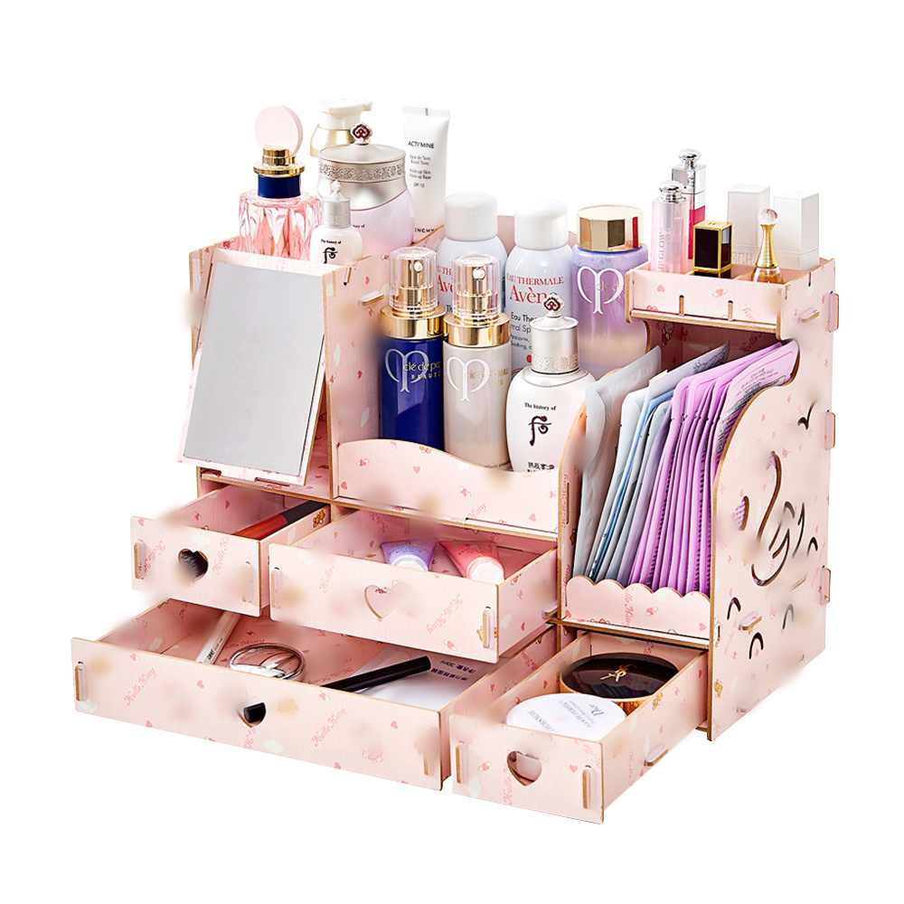 Wooden DIY Cosmetic Makeup Storage Organizer w/ Mini Swan Love Makeup Mirror Organizer Case, 4 Big Drawers