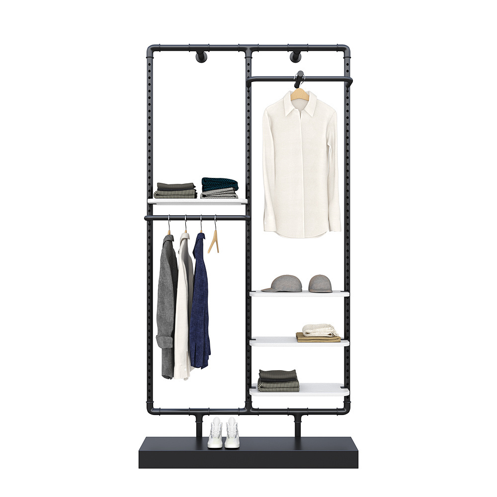 Multi purpose iron floor stands paint black clothing rail luxury clothes display rack for men stores