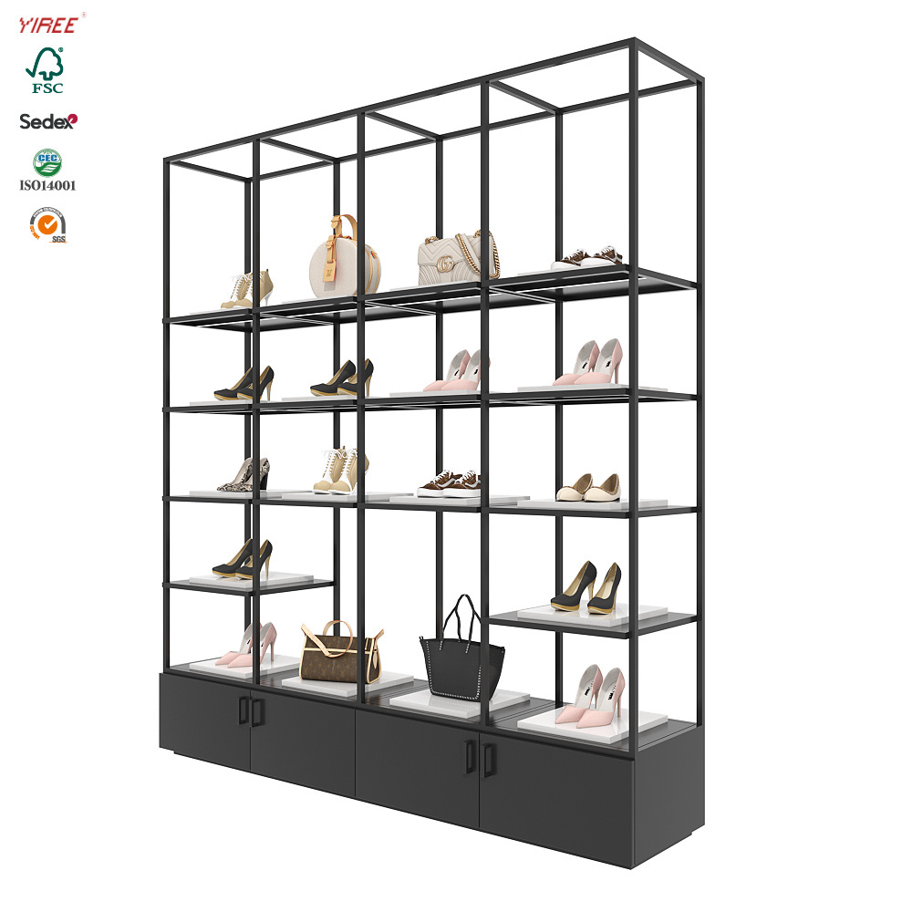 Shelves luxury store fixtures brand metal cabinets polish wall display rack for handbags and shop fittings