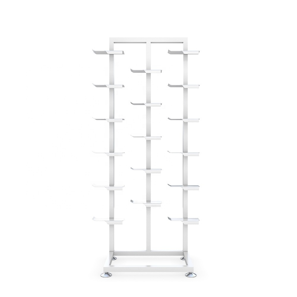 Fashion brand shoe spinning racks design iron white multi floor retail shoes shop display stand shelves