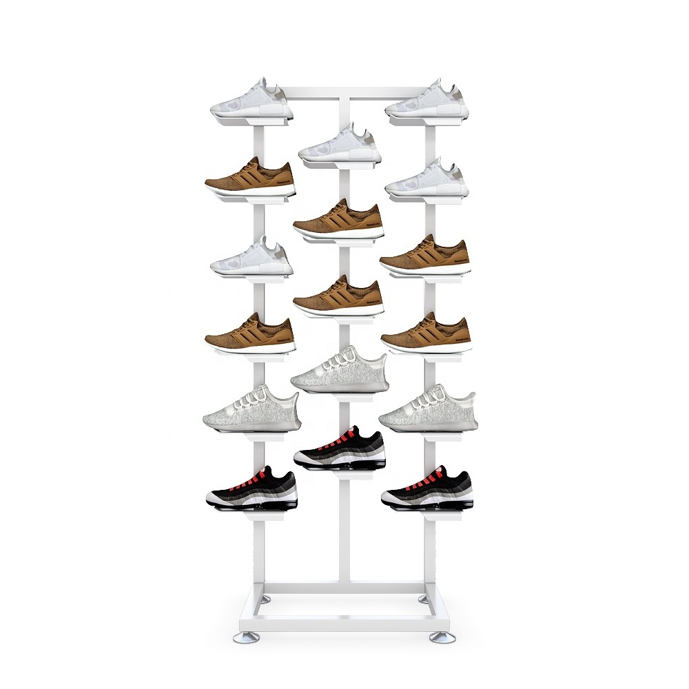 Fashion brand shoe spinning racks design iron white multi floor retail shoes shop display stand shelves