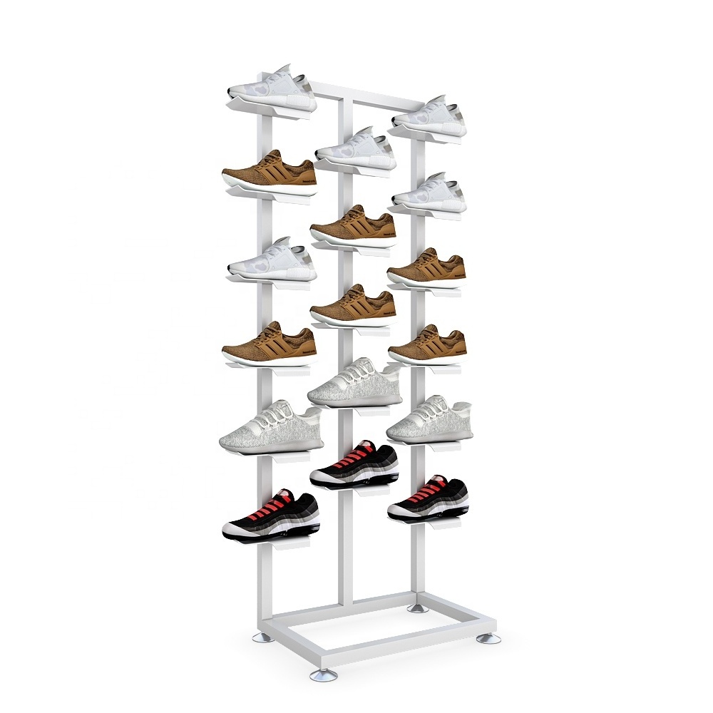 Fashion brand shoe spinning racks design iron white multi floor retail shoes shop display stand shelves