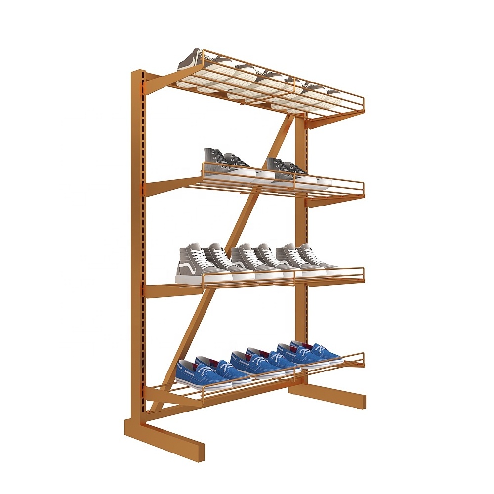 Footwear brand custom factory free design steel frame iron holder gold shoe display stand rack for shop