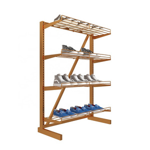 Footwear brand custom factory free design steel frame iron holder gold shoe display stand rack for shop