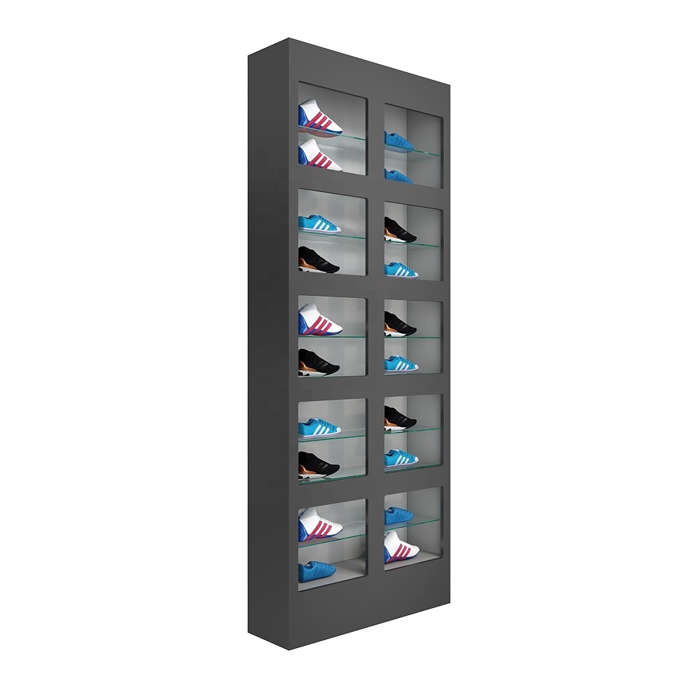 Yiree footwear brand shop fittings wooden fireproof glass wall mount modern shoe cabinet storage organizer