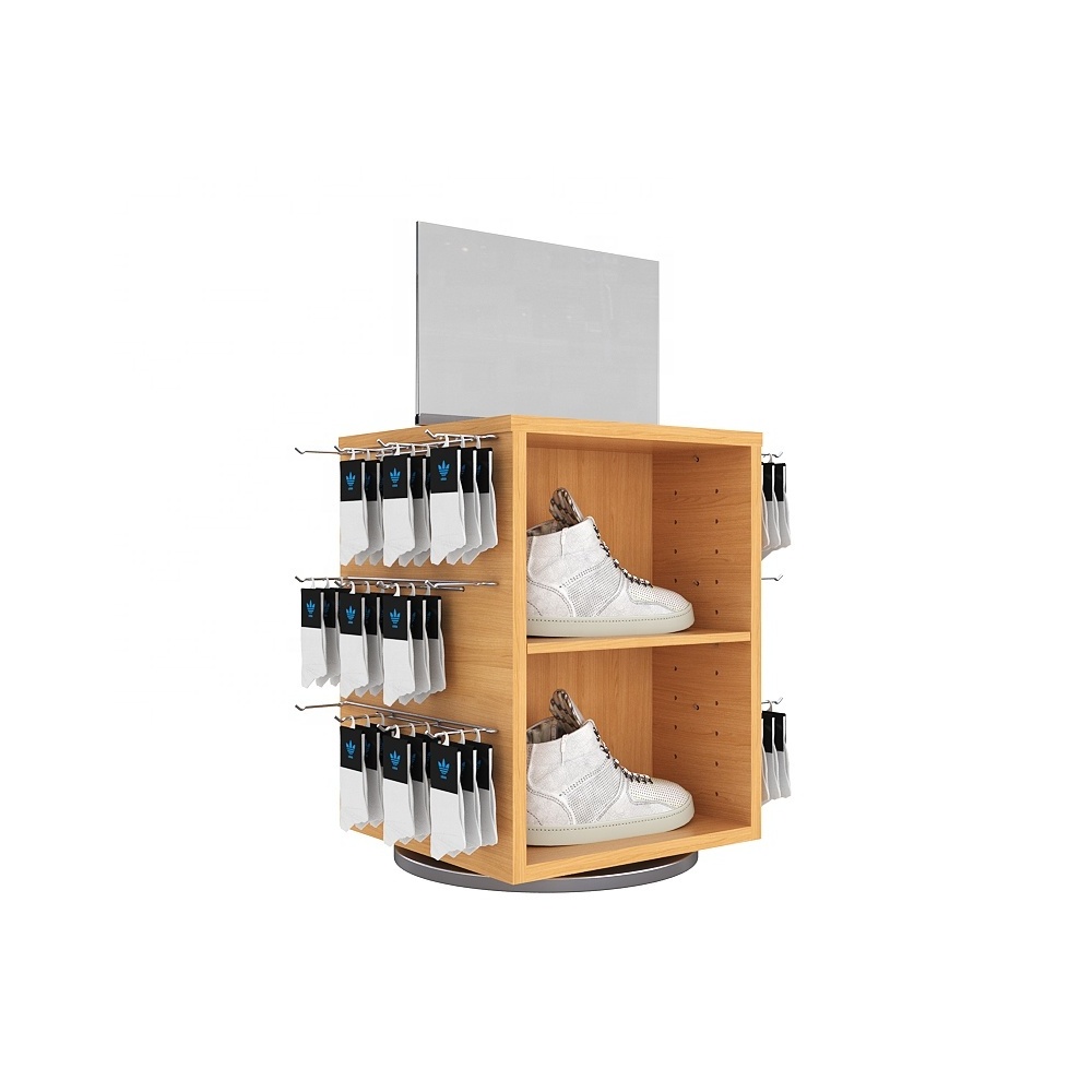 Retail shoe brand sock store fixtures multi purpose wood mdf small turntable 360 rotating display stand