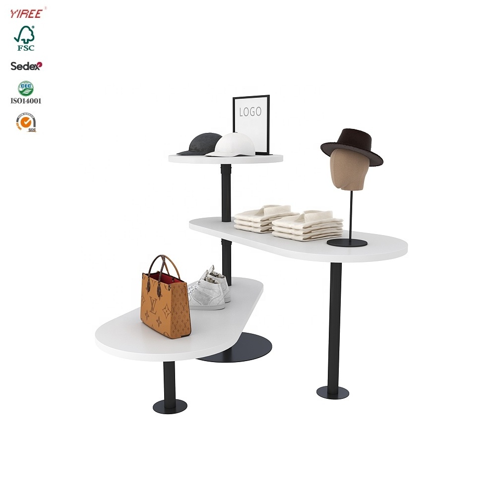 Shopping mall multi purpose use custom store fixtures wood 3 tier iron frame retail hat display stand rack